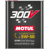 Motul 300V front packaging showing 2L bottle and performance labeling, conveying reliable protection