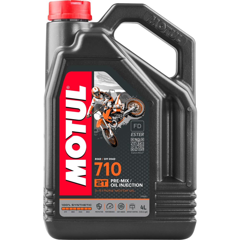 Motul 710 2T front packaging showing 4L container and clear labeling for long rides