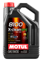 Motul 8100 X-clean EFE front bottle view showing label and fuel economy benefit