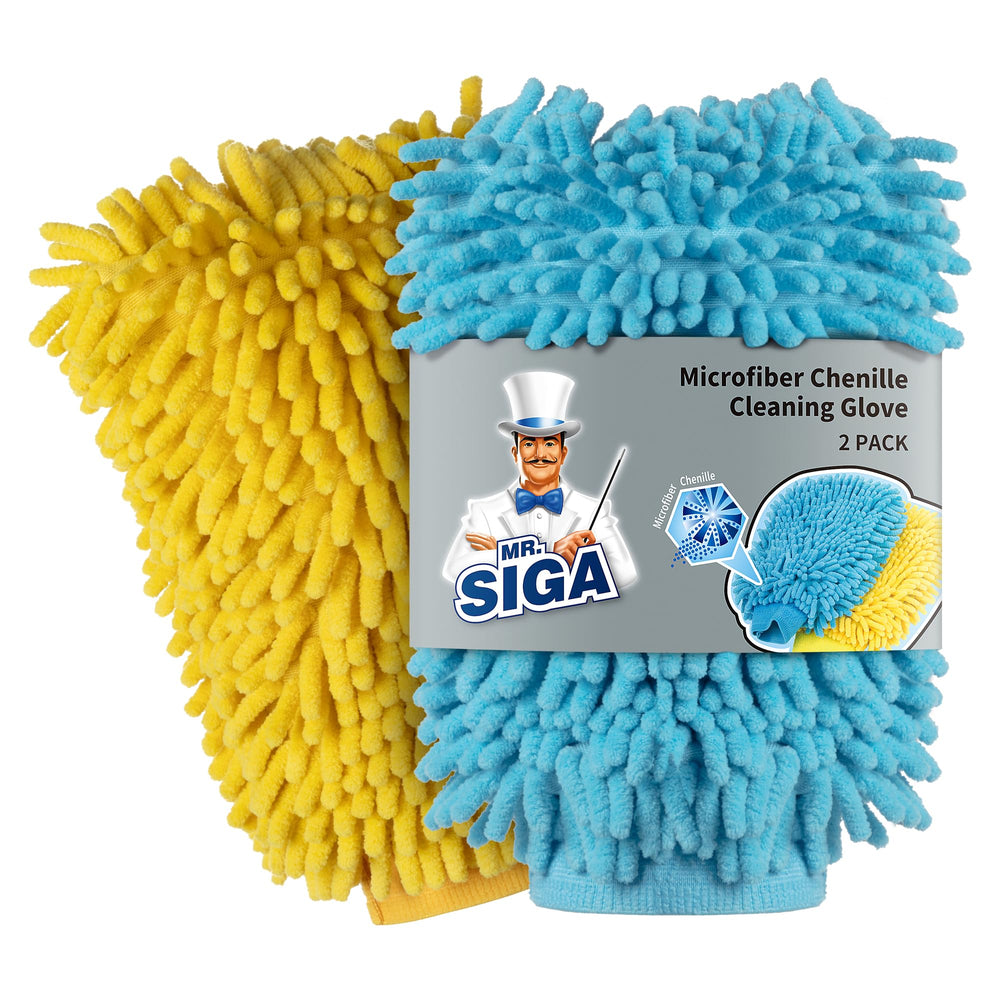 MR.SIGA front view of two mitts showing colors and benefit of organized cleaning