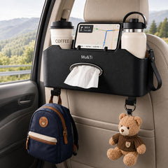 Mu&Ti front view of seatback organizer showing compartments and tidy storage