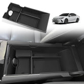 Muslogy front view of black console organizer showing tidy compartments and quick access