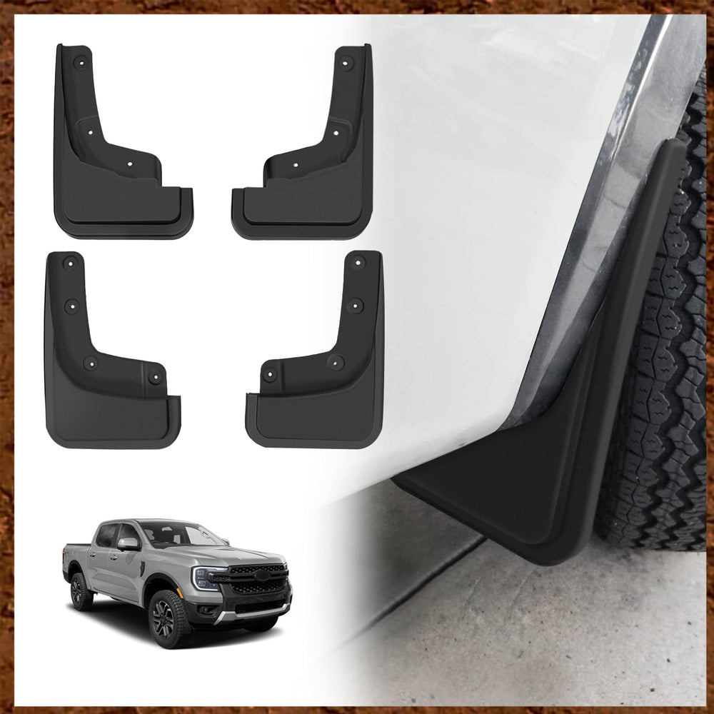 Muslogy front mud flap packaging showing contents and fitment for Ranger