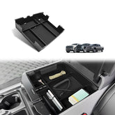 Muslogy front view of center console tray showing organized compartments and quick access