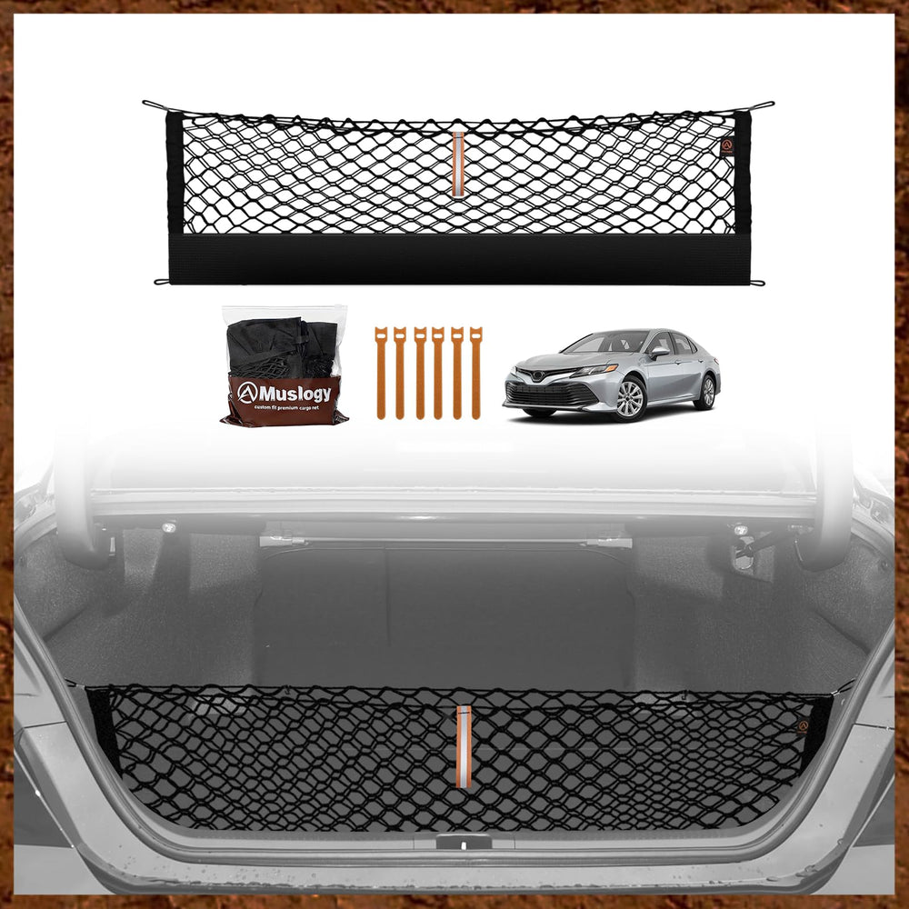 Muslogy front view of cargo net showing neat trunk organization and protection