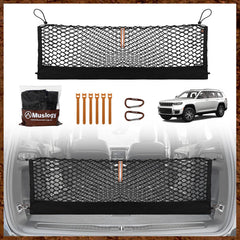 Muslogy cargo net front view installed in Grand Cherokee L, keeps trunk tidy