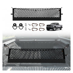 Muslogy cargo net front view installed on Nissan Frontier showing neat storage