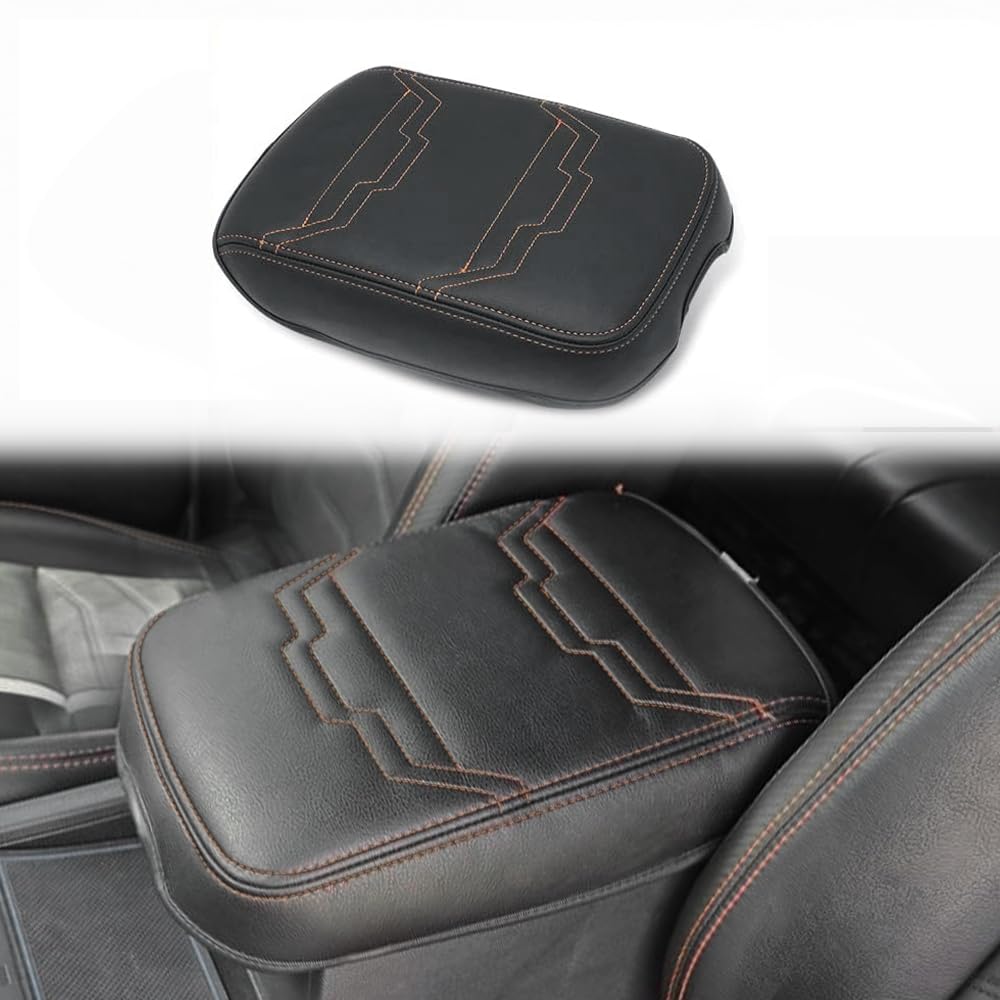 Muslogy armrest cover front view showing orange trim and neat fit