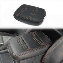 Muslogy armrest cover front view showing orange trim and neat fit