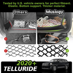 Muslogy cargo net installed in Kia Telluride trunk offering organized storage