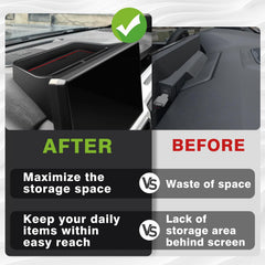 Muslogy organizer installed behind 14-inch screen in Tacoma showing tidy storage