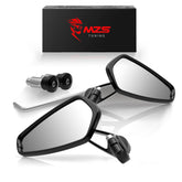 MZS front view of black bar end mirror showing compact design and improved rear visibility
