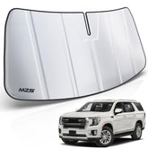 MZS front-facing windshield shade packaging showing fit for Yukon, protects interior