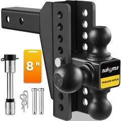 Nakyma front view of tri-ball hitch showing three ball sizes and secure one-piece design