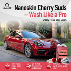 Nanoskin close-up of Cherry Suds label highlighting dilution information and use