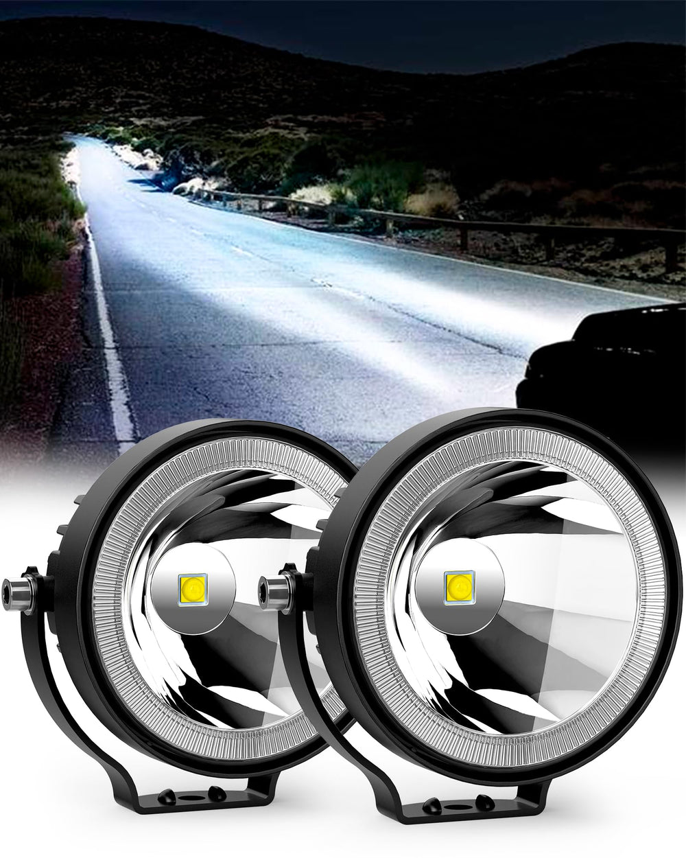 NAOEVO front-facing pod light showing bright white beam for improved visibility