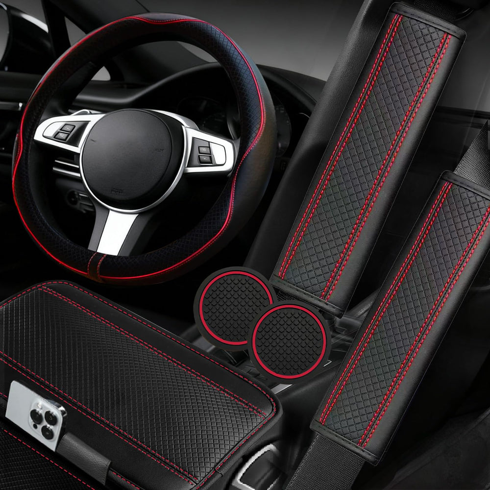 NBTEPEM steering wheel cover front view showing sporty red finish and improved grip