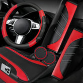 NBTEPEM steering wheel cover front view showing sporty red design and improved grip