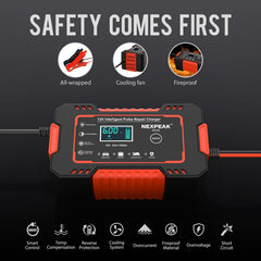 NEXPEAK charger hooked to car battery demonstrating easy plug-and-play benefit