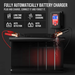NEXPEAK charger connected to car battery demonstrating safe maintenance in use