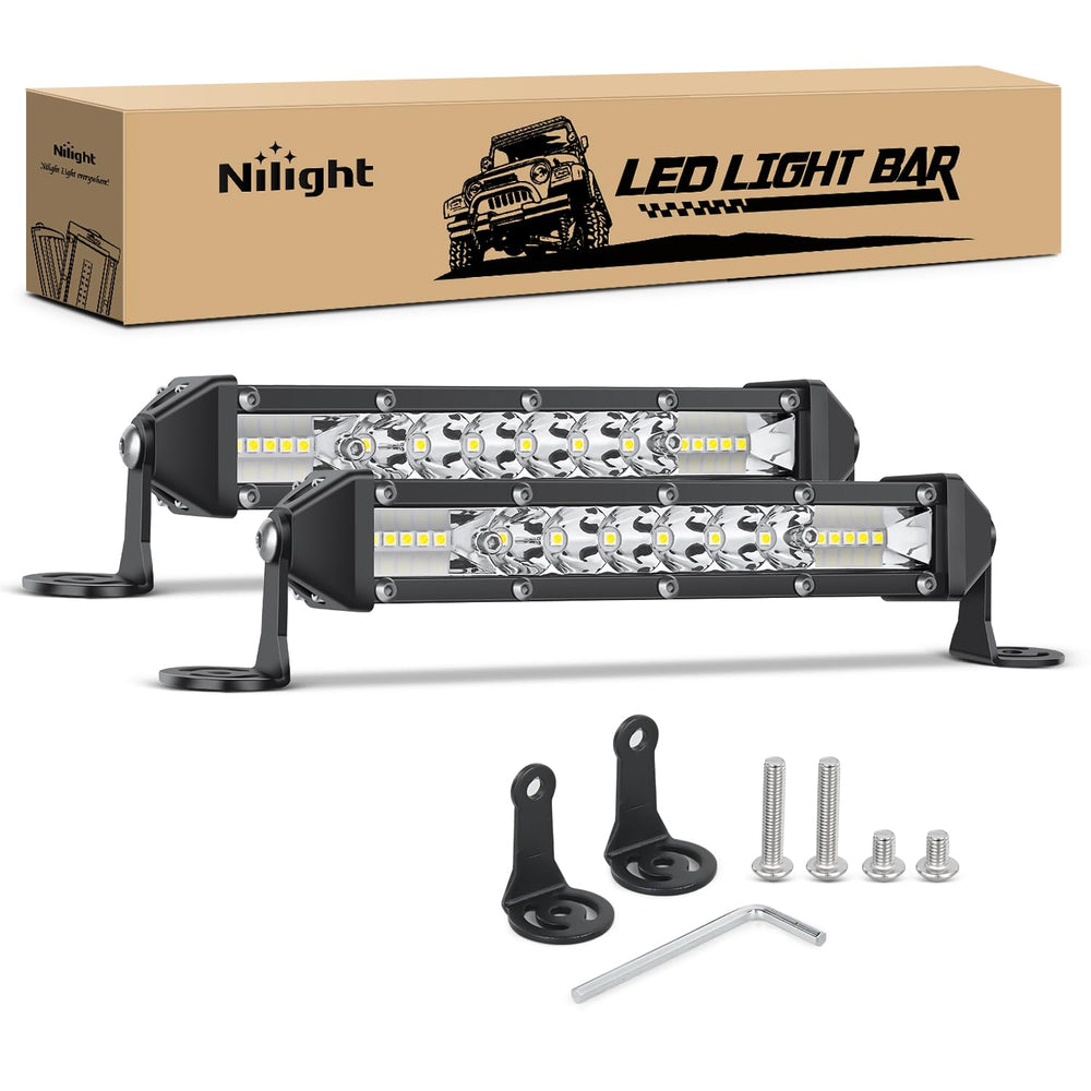 Nilight 7-inch light bar front view showing bright beam for improved night visibility