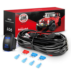 Nilight front view of packaged wiring harness showing components and benefit of complete kit