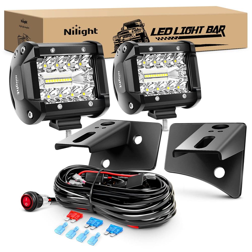 Nilight front view of pods mounted on JK A-pillar showing improved road visibility