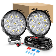 Nilight front view of two round flood lamps showing compact design and bright output