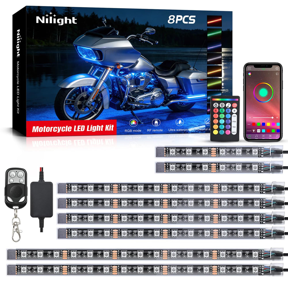 Nilight front view mounted on Harley showcasing vivid underbody colors for style
