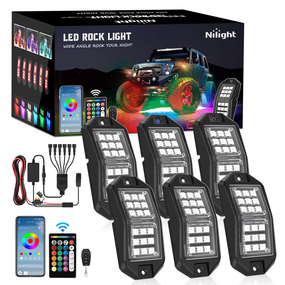 Nilight front view of six RGB LED pods showing wide-angle coverage benefit