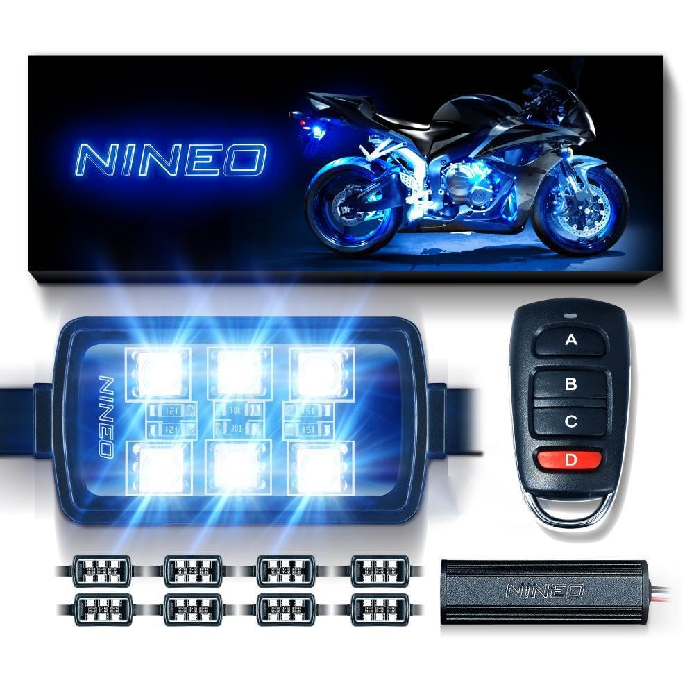 NINEO front packaging showing full 8-piece underglow kit and contents, clear benefits