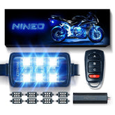 NINEO front packaging showing full 8-piece underglow kit and contents, clear benefits
