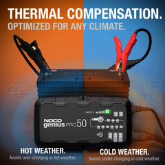 NOCO GENIUSPRO50 connected to a truck battery restoring charge fast and efficiently