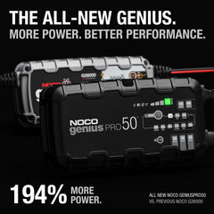 NOCO GENIUSPRO50 rugged side profile highlighting braided shielding and weather resilience