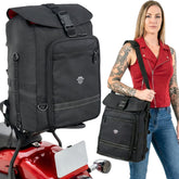 Nomad USA front view of sissy bar bag showing mounting straps and quick access pockets for secure travel