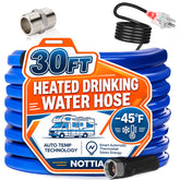 Nottia front view of heated hose showing full 30ft length and rugged jacket, reliable winter use