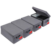 NUSWOR front view of four grey stacked boxes showing tidy media storage benefit