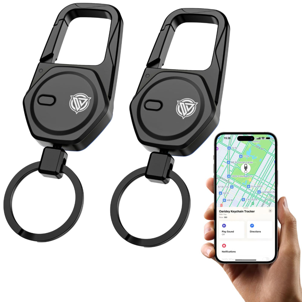 Oaridey front view keychain showing compact tracker and clip, durable protection