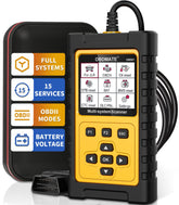 OBDMATE OM501 front display showing diagnostics and easy navigation benefit