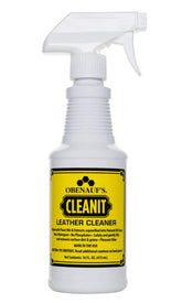 Obenauf's Cleanit front spray bottle showing label and size, helps quick leather cleaning