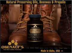 Obenauf's 8oz bottle next to boot for size comparison and practical scale