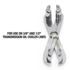 OEMTOOLS 24688 engaged on a transmission cooler line demonstrating safe disconnection