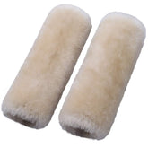 OGLAND front view of sheepskin seat belt covers showing plush comfort