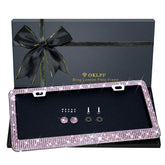 OKLPF front view of rhinestone license plate frame showing sparkle and gift-ready box