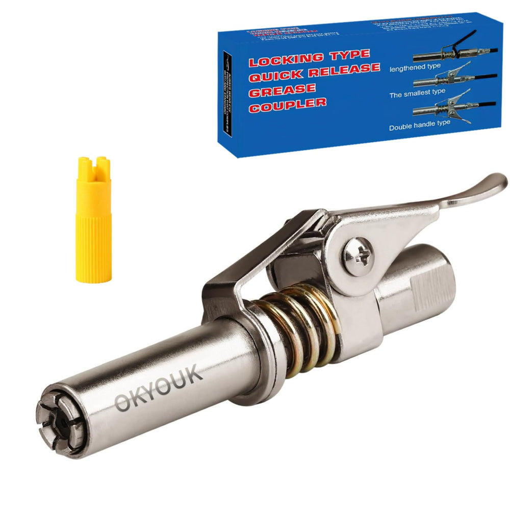 OKYOUK front packaging showing compact grease coupler and included cleaning tool for convenience