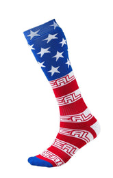 O'NEAL Pro MX front view showing red white blue design and knee-high length, enhances visibility