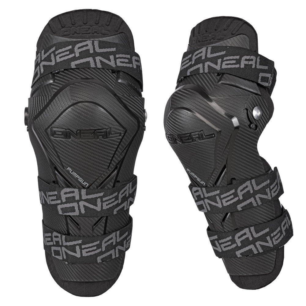 O'NEAL Pump Gun knee guard front view showing carbon-look shell and secure straps