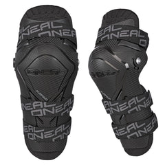 O'NEAL Pump Gun knee guard front view showing carbon-look shell and secure straps