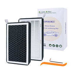 ONSOKU front packaging for Tesla Model 3 Model Y showing set of two filters and benefits