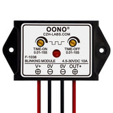 OONO front view of flasher module showing compact case and output leads for easy installation